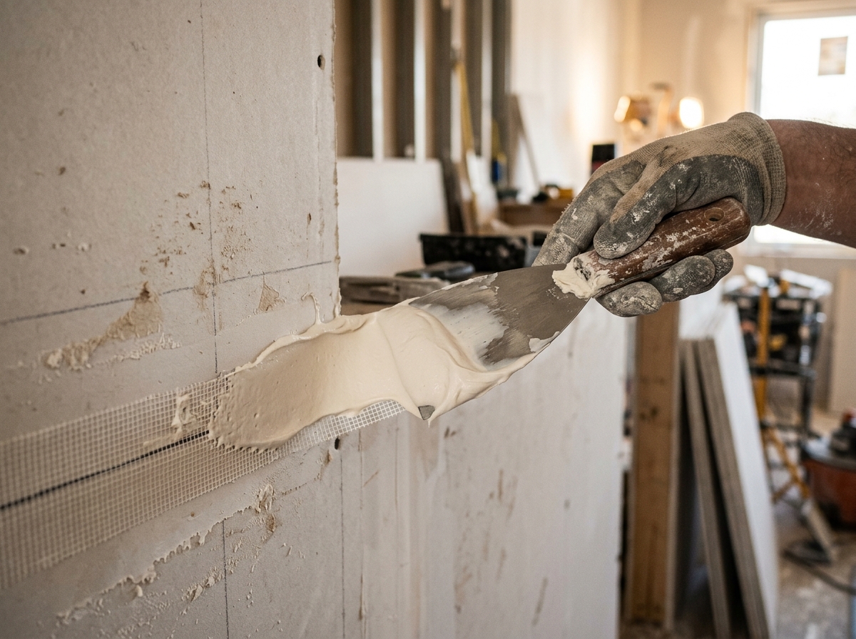 Drywall taping knife applying joint compound to wall